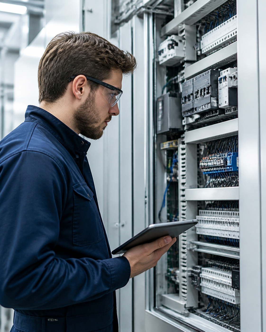 Technician inspecting a modern industrial electrical control cabinet